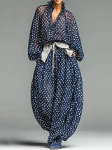 Casual Polka-Dot Chiffon Loose-Fit Long-Sleeve Top and Pants Set (Belt included)