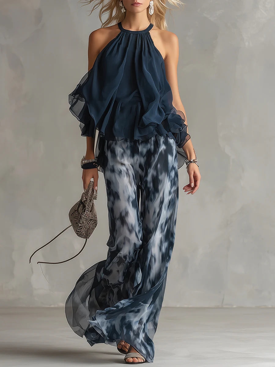 Navy Halter Neck Top i Spodnie Chiffon w Szerokie Nogawki z Wzorem