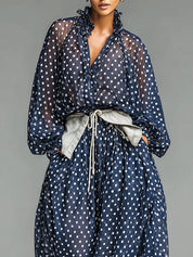 Casual Polka-Dot Chiffon Loose-Fit Long-Sleeve Top and Pants Set (Belt included)