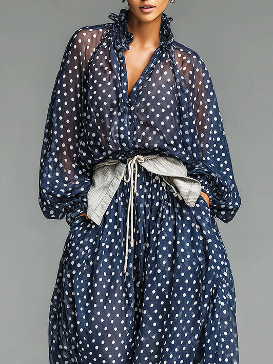 Casual Polka-Dot Chiffon Loose-Fit Long-Sleeve Top and Pants Set (Belt included)