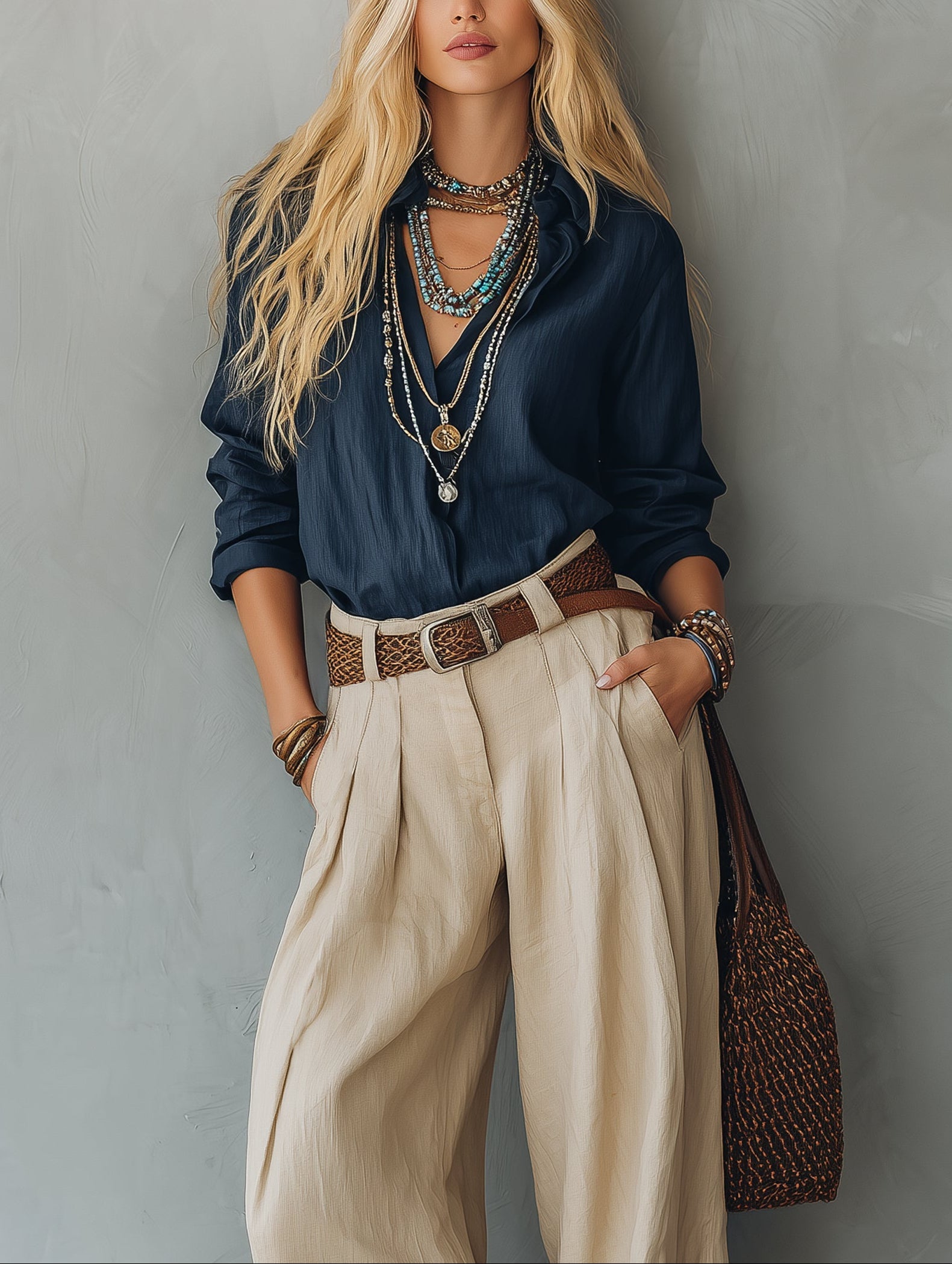 Casual Navy Long-Sleeve Shirt Paired With Khaki Trousers (Belt Included)