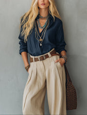 Casual Navy Long-Sleeve Shirt Paired With Khaki Trousers (Belt Included)