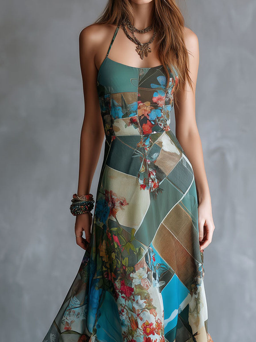 Retro Boho-Style Sukienka z Kwiatowym Haftem