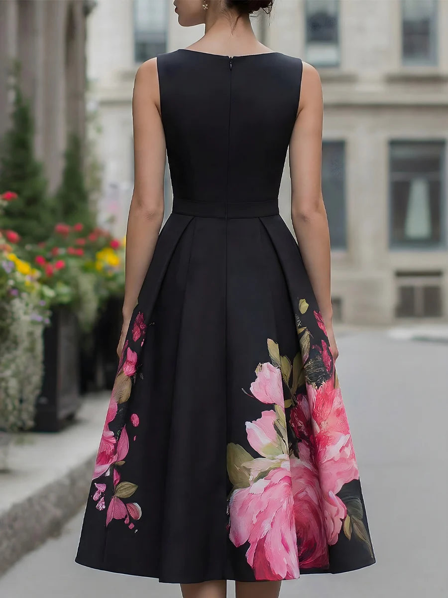 Elegancka Midi Sukienka Bez Rękawów z Kwiatowym Wzorem