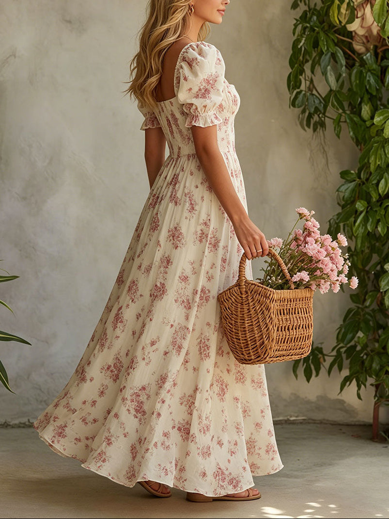 Elegancka Różowa Kwiatowa Sukienka Maxi z Chiffonu z Kwadratowym Dekoltem