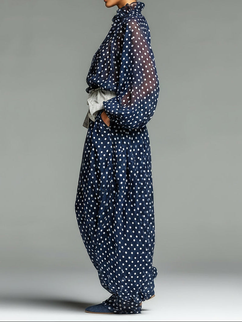 Casual Polka-Dot Chiffon Loose-Fit Long-Sleeve Top and Pants Set (Belt included)
