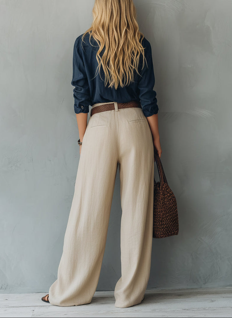 Casual Navy Long-Sleeve Shirt Paired With Khaki Trousers (Belt Included)