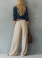 Casual Navy Long-Sleeve Shirt Paired With Khaki Trousers (Belt Included)