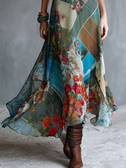 Retro Boho-Style Sukienka z Kwiatowym Haftem