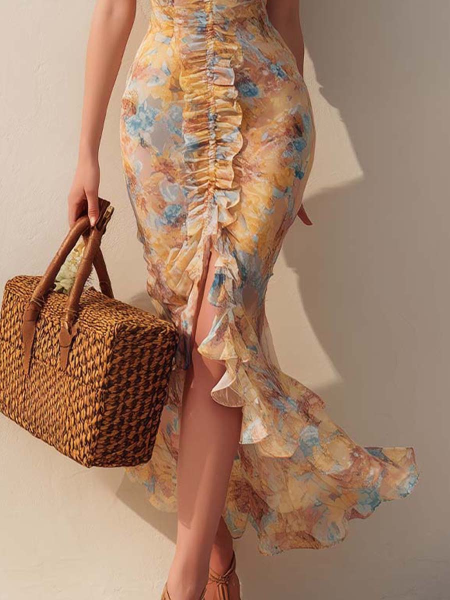 Boho Midi Sukienka z Puff Sleeve i Kwiatowym Wzorem