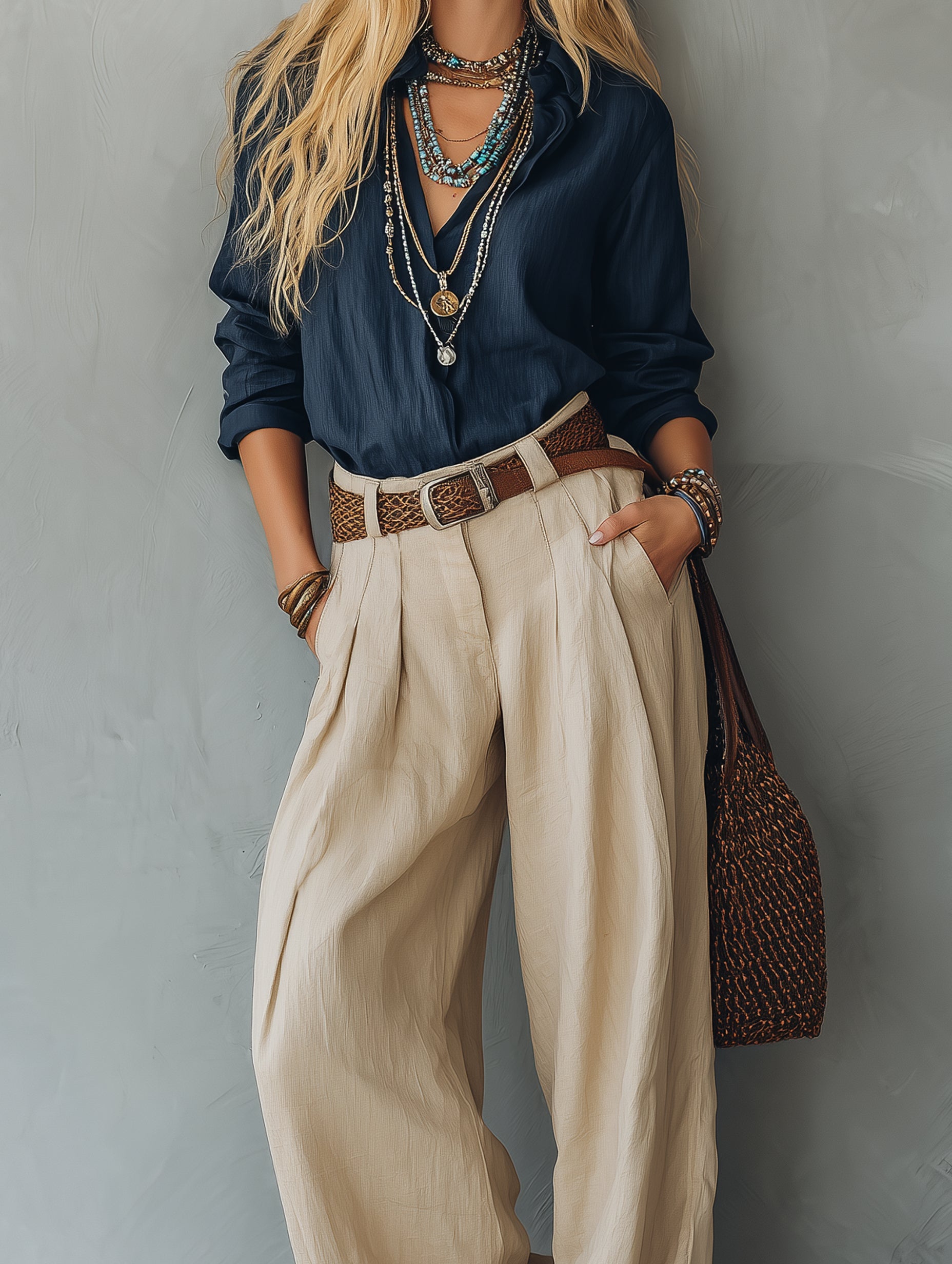 Casual Navy Long-Sleeve Shirt Paired With Khaki Trousers (Belt Included)
