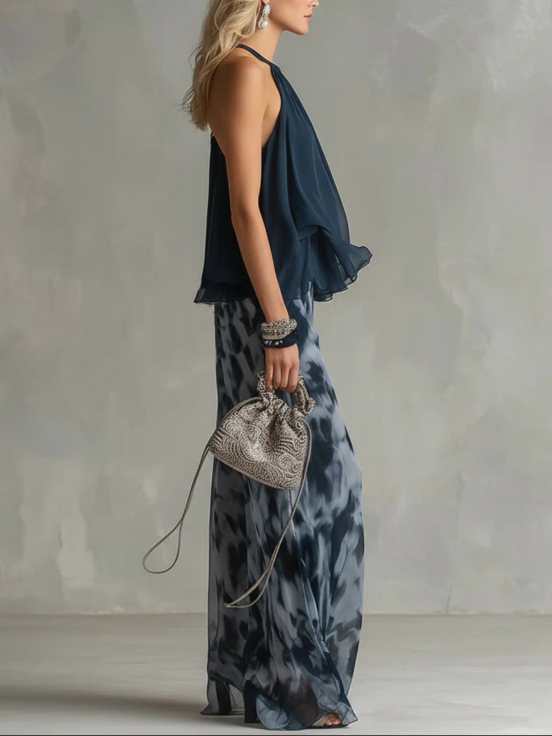 Navy Halter Neck Top i Spodnie Chiffon w Szerokie Nogawki z Wzorem
