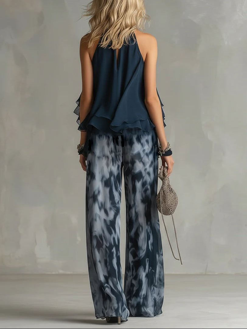 Navy Halter Neck Top i Spodnie Chiffon w Szerokie Nogawki z Wzorem