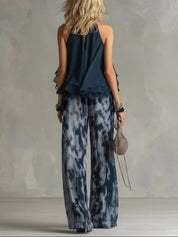 Navy Halter Neck Top i Spodnie Chiffon w Szerokie Nogawki z Wzorem