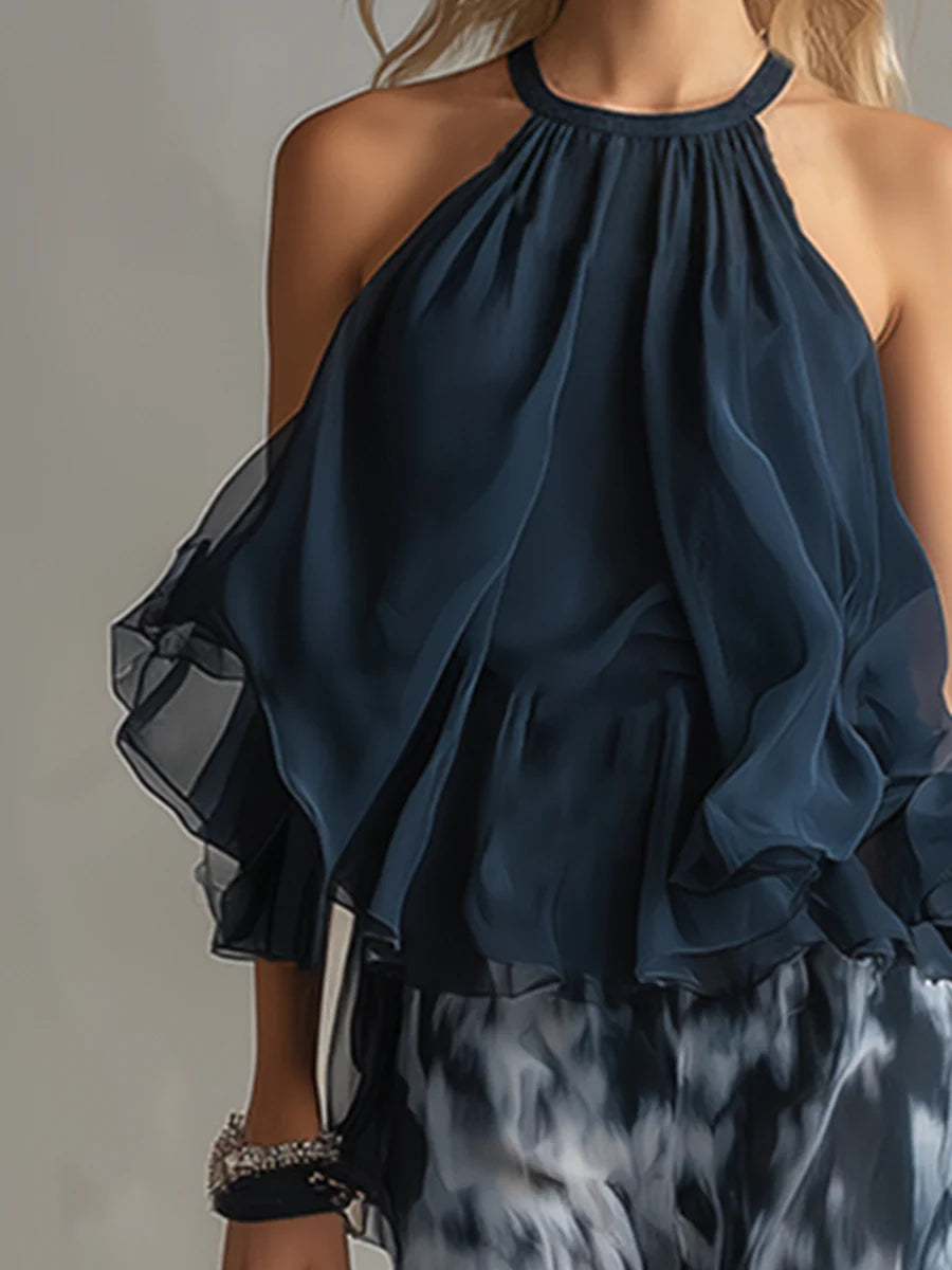 Navy Halter Neck Top i Spodnie Chiffon w Szerokie Nogawki z Wzorem