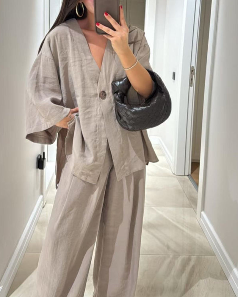 Casual V-Neck Top i Spodnie - Zestaw Dwuczęściowy