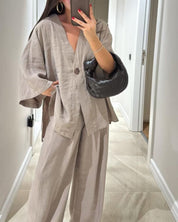 Casual V-Neck Top i Spodnie - Zestaw Dwuczęściowy