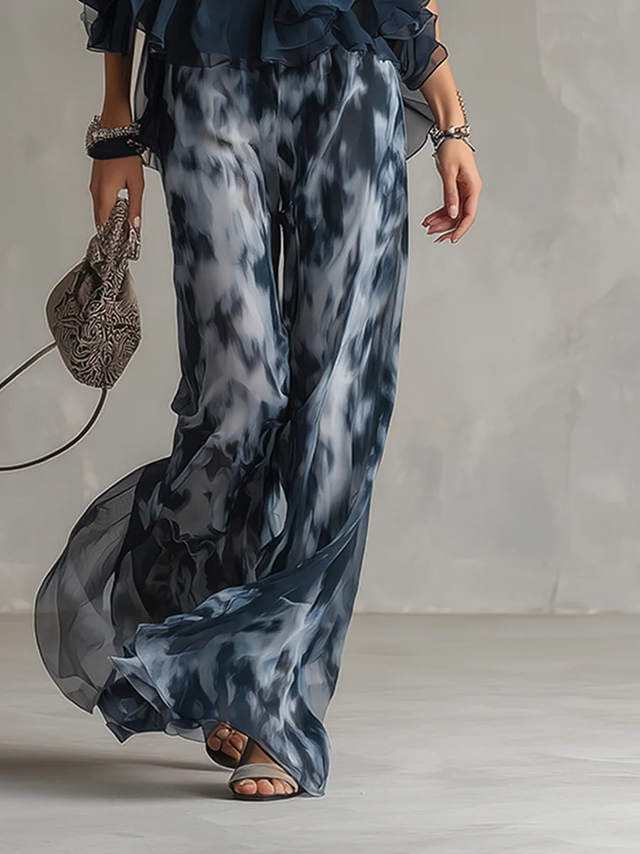 Navy Halter Neck Top i Spodnie Chiffon w Szerokie Nogawki z Wzorem