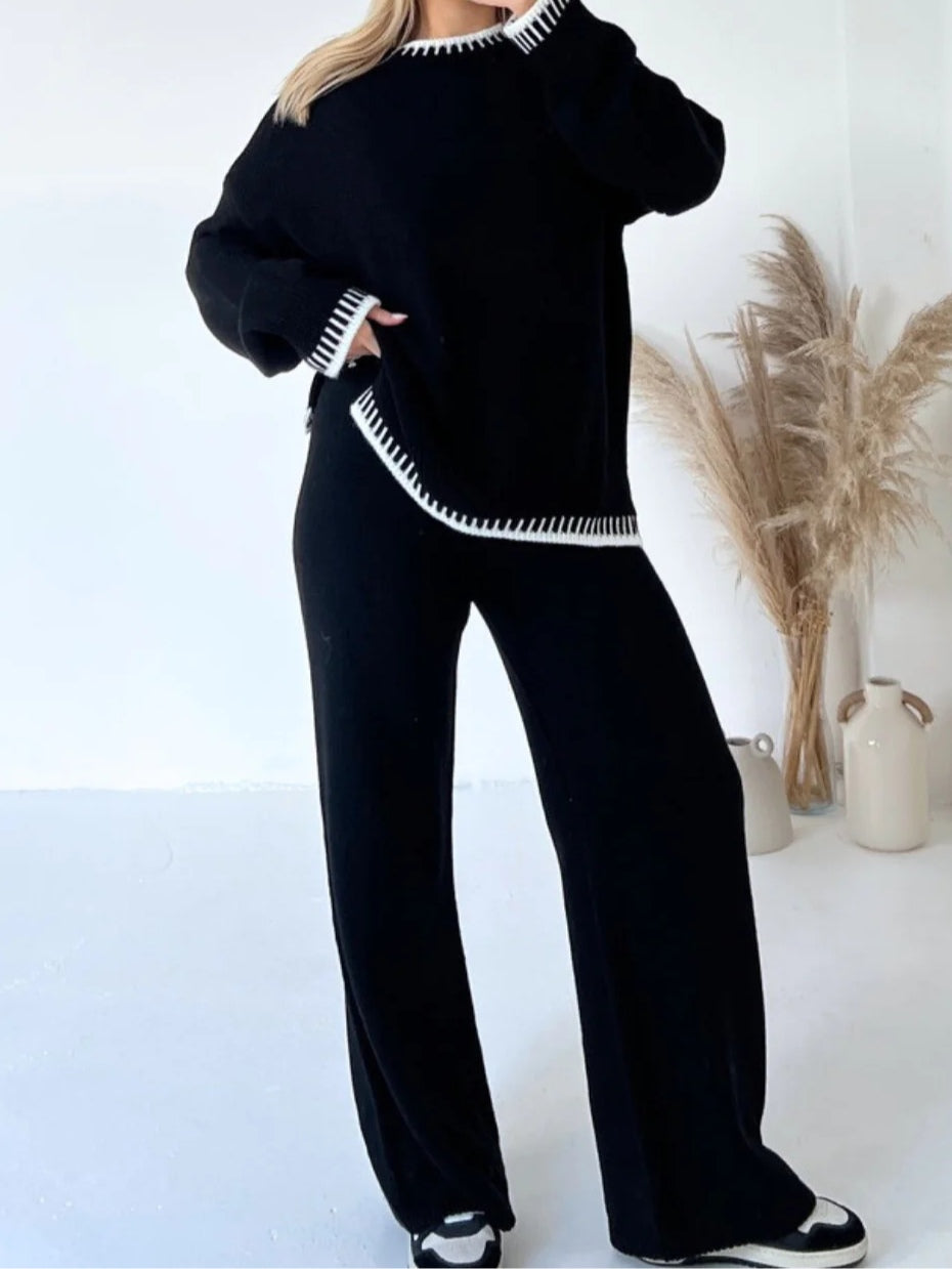 Casual kolorowy sweter w zestawie z luźnymi spodniami