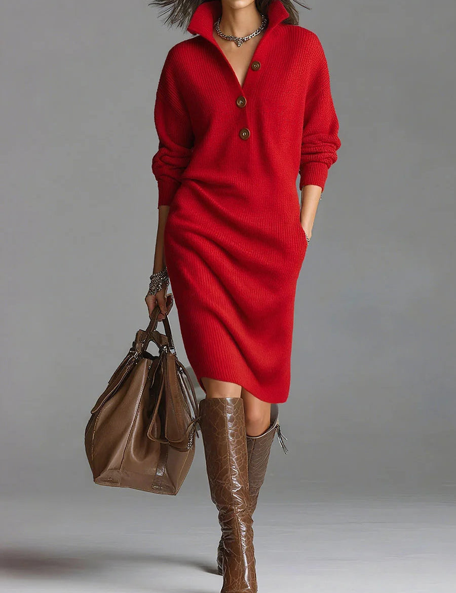 Sukienka dzianinowa z długim rękawem i stójką w jednolitym kolorze