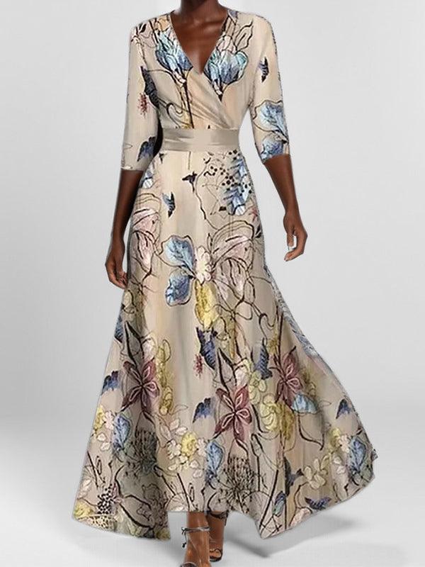 Elegancka Maxi Sukienka z Rękawem 3/4