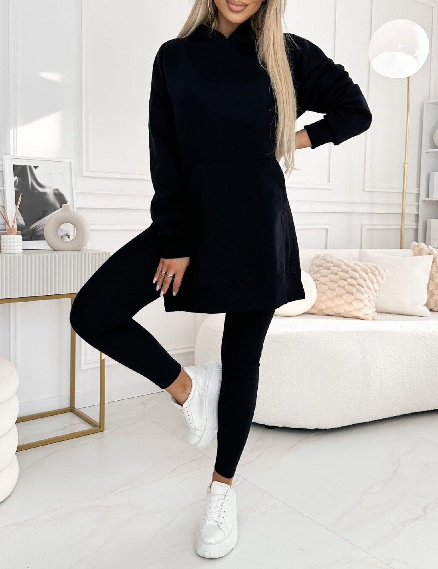 Modny jednolity kolorowy hoodie i ocieplane legginsy zestaw dwuczęściowy
