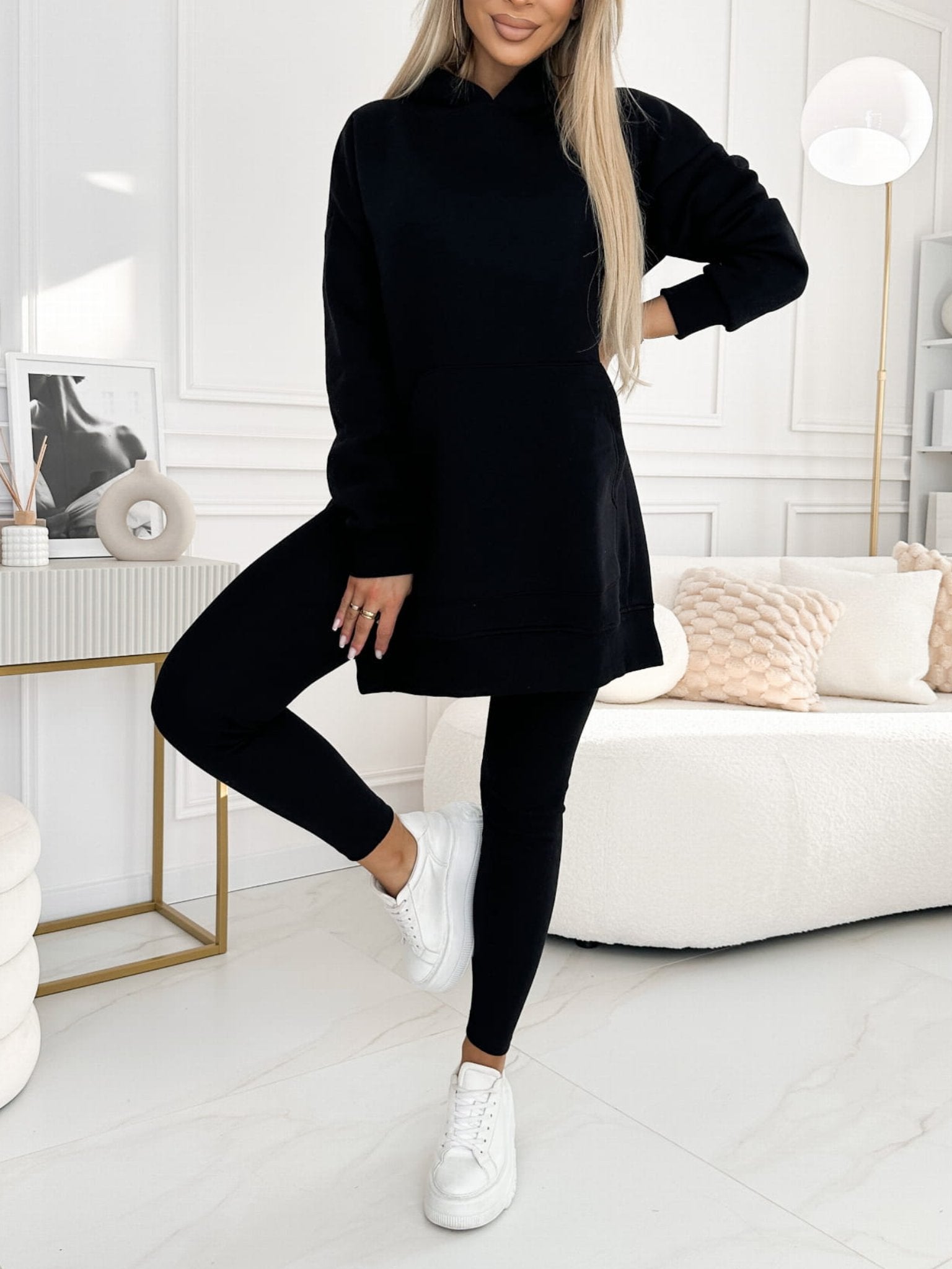 Modny jednolity kolorowy hoodie i ocieplane legginsy zestaw dwuczęściowy