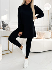 Modny jednolity kolorowy hoodie i ocieplane legginsy zestaw dwuczęściowy