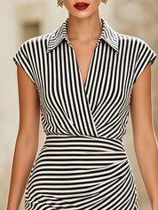 Elegancka Mini Sukienka Bodycon z Kołnierzykiem w Paski