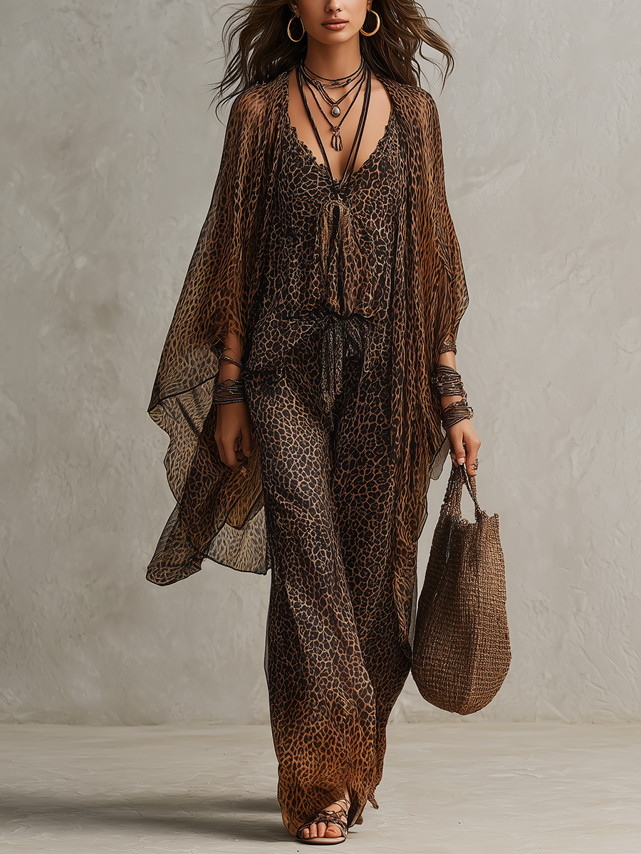 Boho Gradientowy Print Lamparta Luźny Szlafrok Zestaw Trzyczęściowy