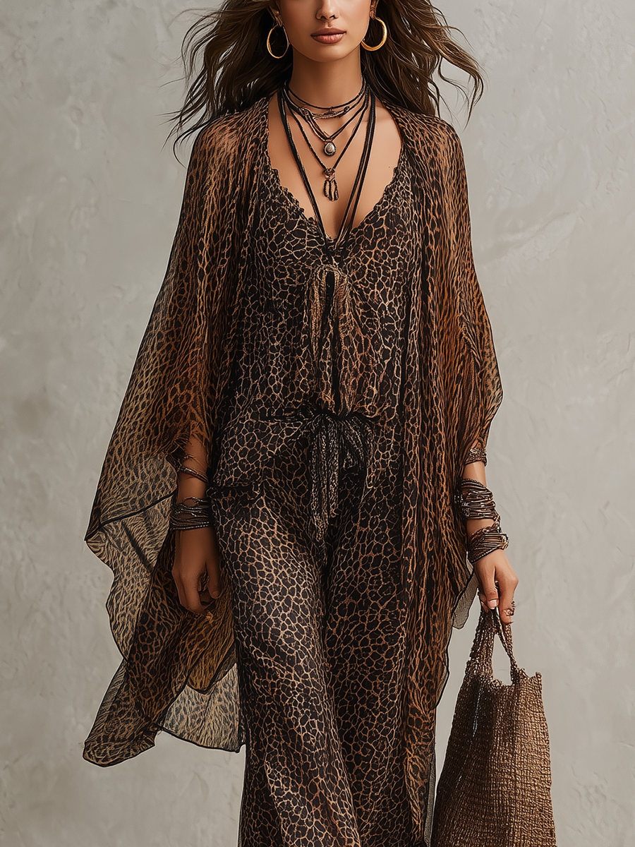 Boho Gradientowy Print Lamparta Luźny Szlafrok Zestaw Trzyczęściowy