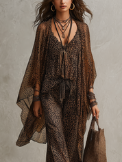 Boho Gradientowy Print Lamparta Luźny Szlafrok Zestaw Trzyczęściowy