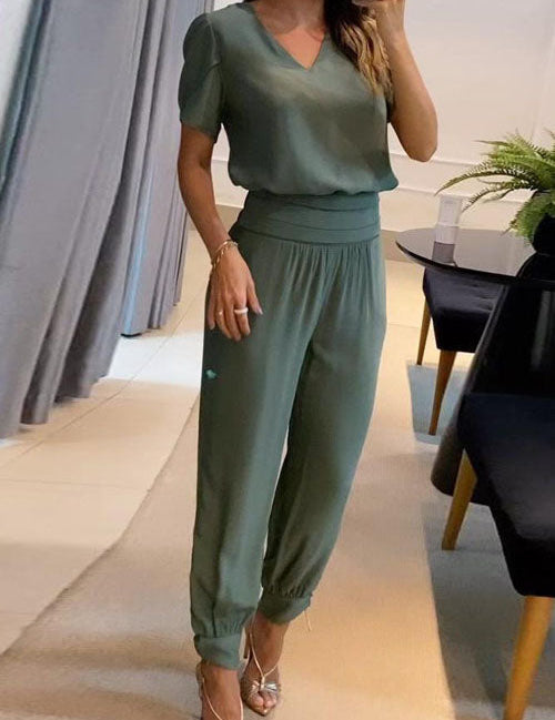 Casual V-Neck Printed Short Sleeve Long Pants Two-Piece Set