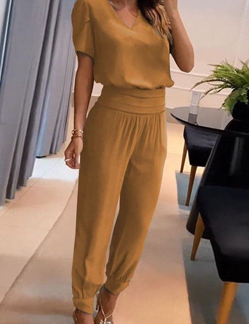 Casual V-Neck Printed Short Sleeve Long Pants Two-Piece Set