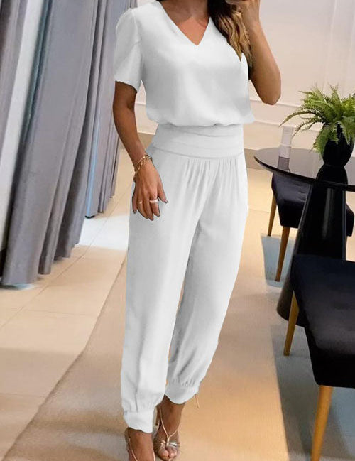 Casual V-Neck Printed Short Sleeve Long Pants Two-Piece Set