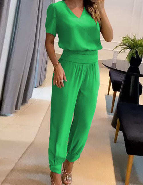Casual V-Neck Printed Short Sleeve Long Pants Two-Piece Set