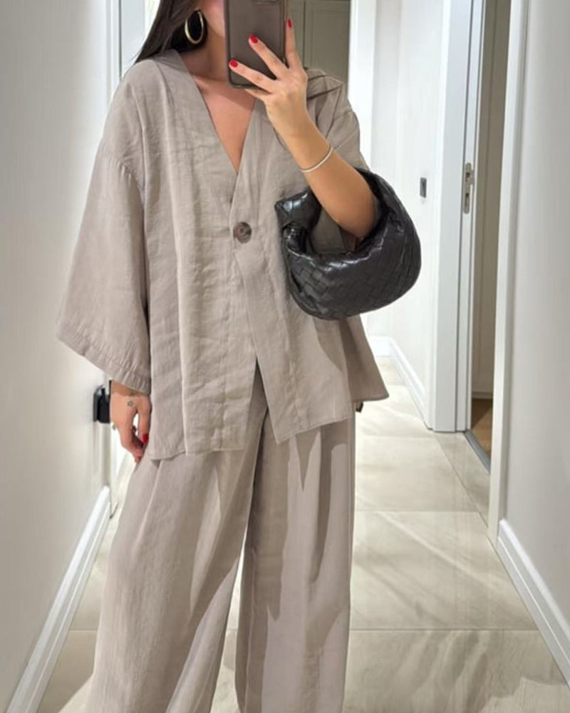 Casual V-Neck Top i Spodnie - Zestaw Dwuczęściowy