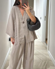 Casual V-Neck Top i Spodnie - Zestaw Dwuczęściowy