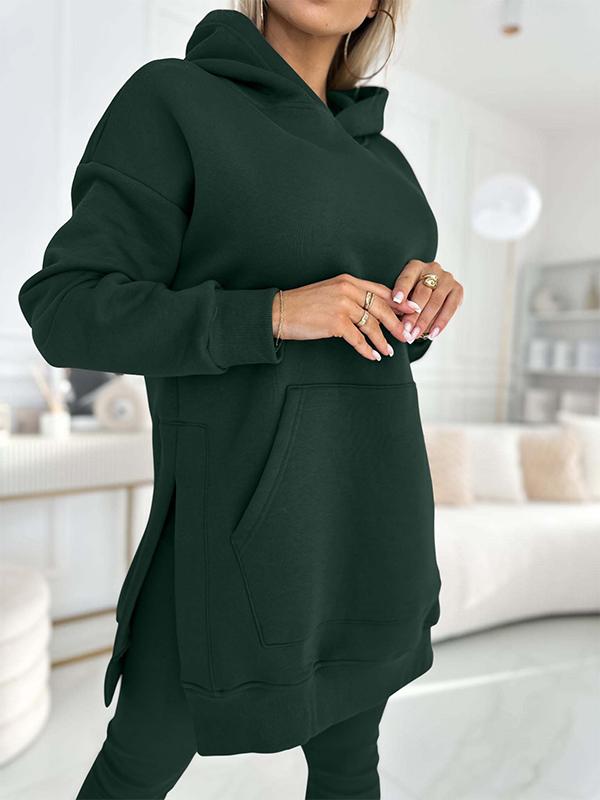 Modny jednolity kolorowy hoodie i ocieplane legginsy zestaw dwuczęściowy