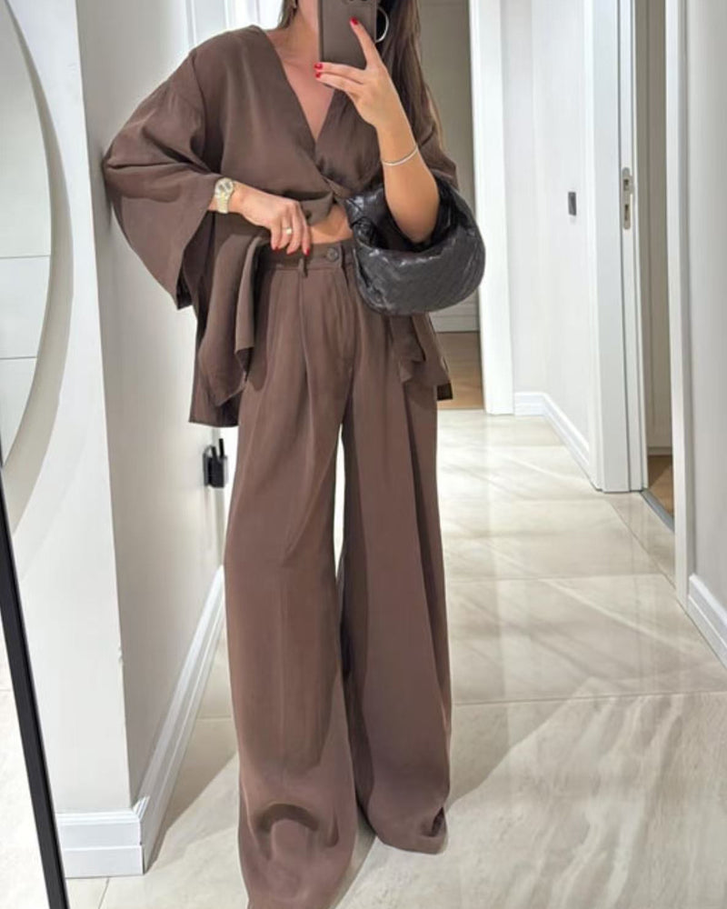 Casual V-Neck Top i Spodnie - Zestaw Dwuczęściowy