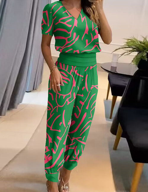 Casual V-Neck Printed Short Sleeve Long Pants Two-Piece Set