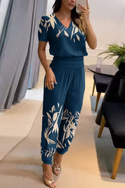 Casual V-Neck Printed Short Sleeve Long Pants Two-Piece Set