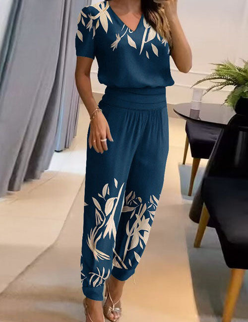 Casual V-Neck Printed Short Sleeve Long Pants Two-Piece Set