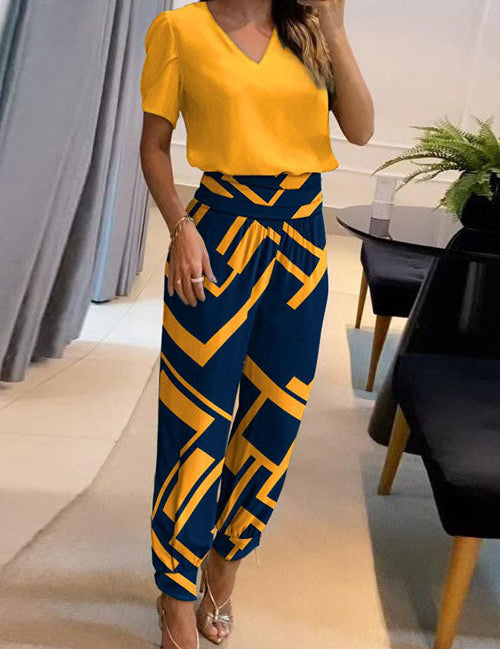 Casual V-Neck Printed Short Sleeve Long Pants Two-Piece Set