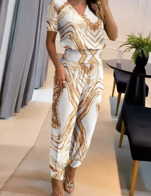 Casual V-Neck Printed Short Sleeve Long Pants Two-Piece Set