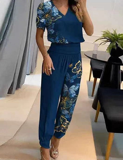 Casual V-Neck Printed Short Sleeve Long Pants Two-Piece Set