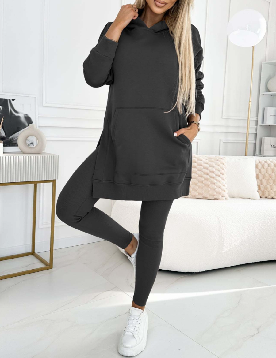 Modny jednolity kolorowy hoodie i ocieplane legginsy zestaw dwuczęściowy