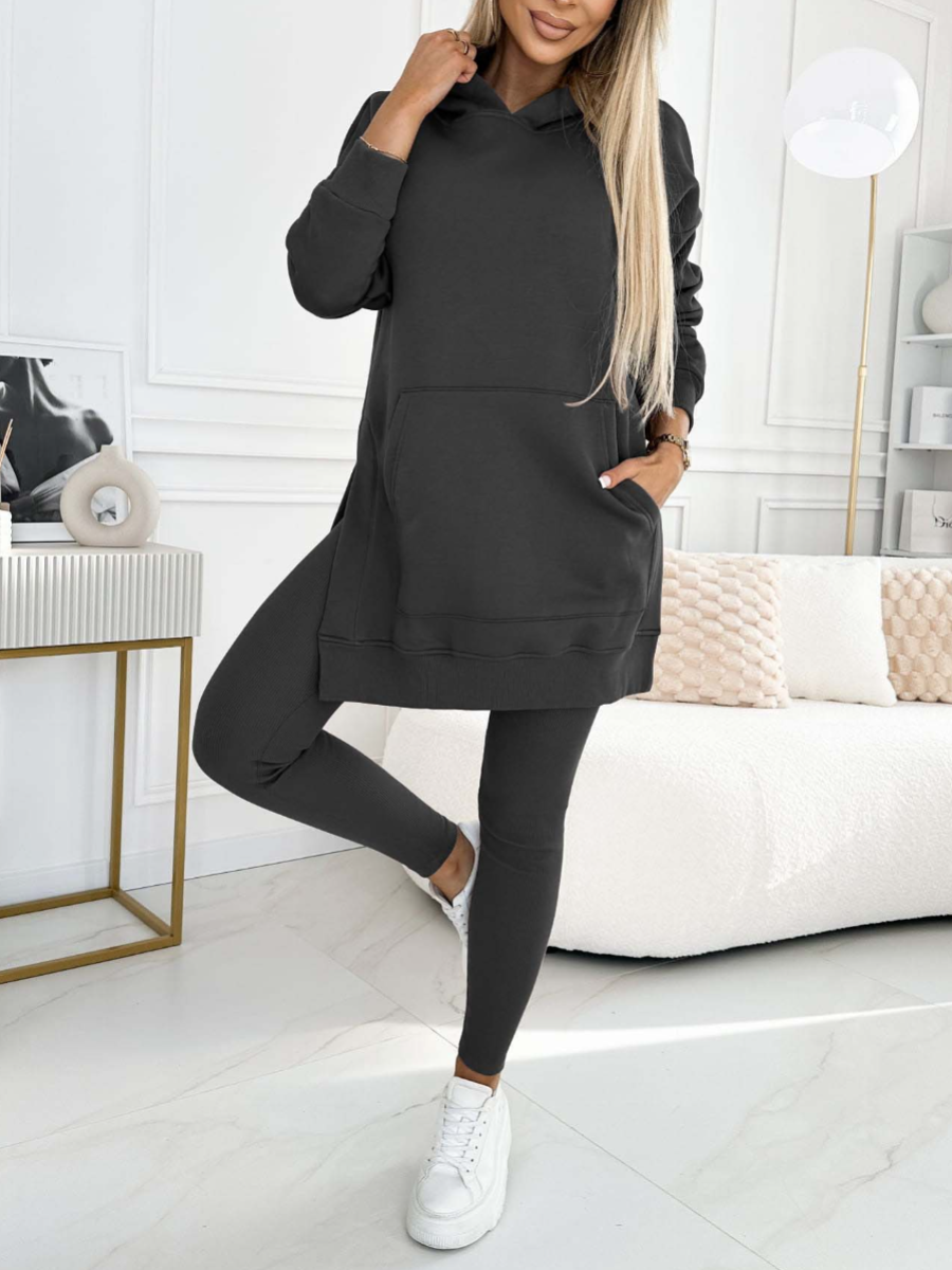 Modny jednolity kolorowy hoodie i ocieplane legginsy zestaw dwuczęściowy