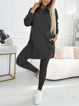 Modny jednolity kolorowy hoodie i ocieplane legginsy zestaw dwuczęściowy