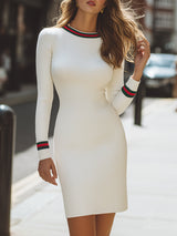 Sukienka Bodycon z Prążkowanej Dzianiny w Kolorze Kości Słoniowej z Paskiem